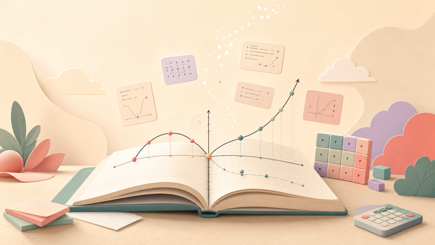 Ilustrasi buku, grafik fungsi, dan blok perhitungan metode numerik.